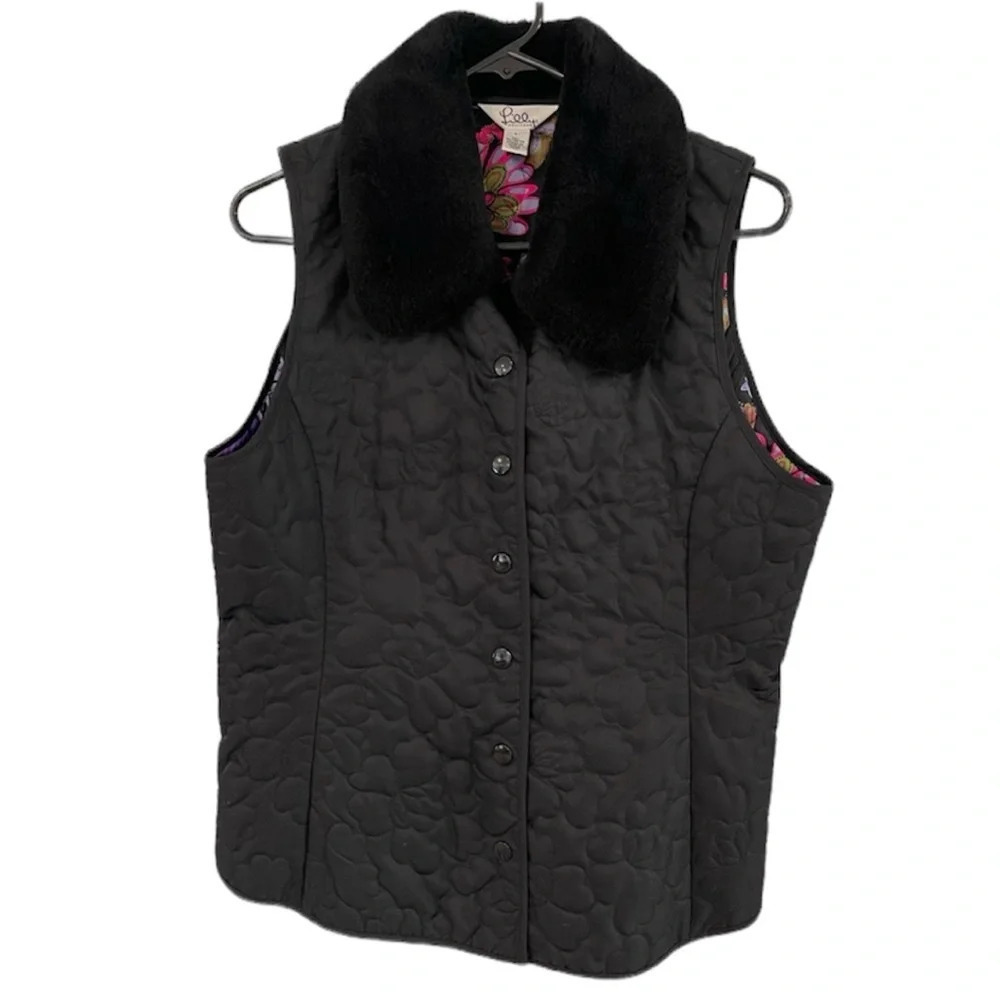 Lilly Pulitzer Faux Fur Collar Lightweight Quilted Vest Black Size L